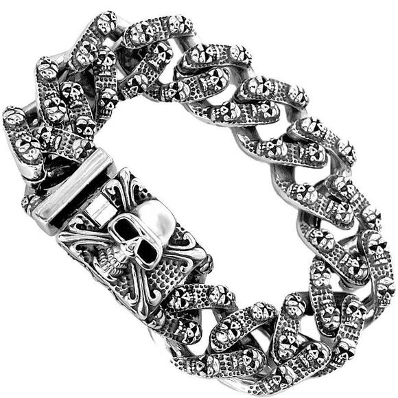Stainless Steel Wide Cuban Link Band w/ Skull Bracelet SBR-1824 - Picture 1 of 1